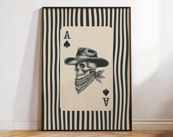 Arte de pared con naipes del Oeste, estampado rústico de calavera de vaquero, póster de esqueleto sobre as de espadas, imprimible de rodeo a rayas de moda, decoración del lejano oeste