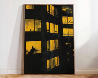 Stimmungsvolle Stadtbild-Wandkunst, dunkle minimalistische Ölfarben-Plakat, moderne urbane Nachtgrafik, trendige Noir-Atmosphärenillustration