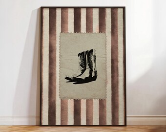 Arte mural retro de botas vaqueras, estampado moderno de vaquero a rayas marrones, botas de vaquera estéticas imprimibles, póster rústico de sellos de rodeo, arte del lejano oeste