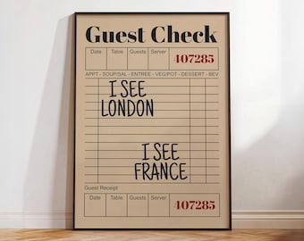Impresión "Veo Londres, veo Francia", arte humorístico imprimible para baño, póster retro de recibo de huésped, cita divertida de recibo, decoración de baño