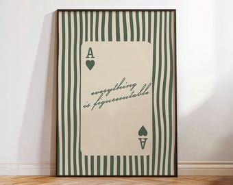 Lámina decorativa con cita sobre cartas de póker de moda, arte de pared "Todo tiene solución", póster estético de as de corazones a rayas, regalo inspirador con afirmaciones