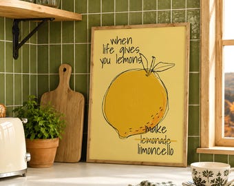 Lámina retro dibujada a mano con diseño de limoncello, divertida cita para la cocina, arte mural: "Cuando la vida te da limones, haz limoncello", arte imprimible de verano costero.