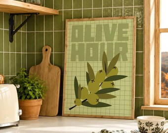 Arte mural retro de olivo, lámina estética de rama de olivo, decoración moderna para la cocina, póster imprimible con cita de la hora del olivo, ilustración de alimentos verdes