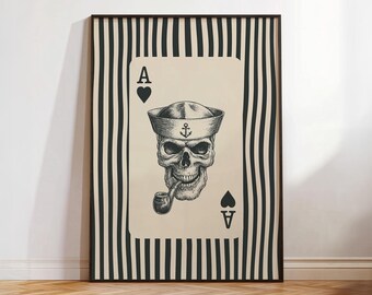Impresión de calavera marinera retro, póster de naipes a rayas, arte mural náutico de as de corazones, impresión de capitán con pipa, decoración de habitación