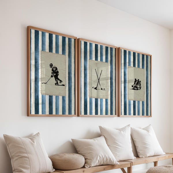 Zestaw 3 plakatów z motywem hokeja w stylu vintage, grafika ścienna z motywem retro hokeisty, modne niebieskie paski z kijami hokejowymi do druku, estetyczny nadruk znaczka sportowego