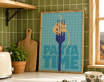 Lámina "Pasta Time", arte mural con cita moderna para la cocina, póster imprimible de espaguetis dibujados a mano, decoración de habitación azul, letrero de comida vintage, regalo azul para amantes de la comida