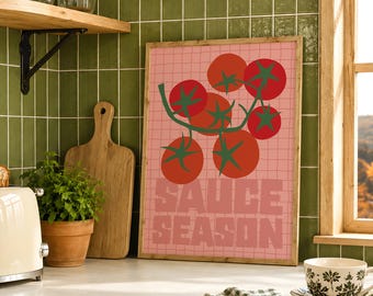 Lámina decorativa de cocina con diseño de tomate a la moda, decoración estética de habitación con temática de comida italiana, póster retro de amor con tomate rojo, arte de pared con cita de estilo rústico, lámina imprimible a cuadros