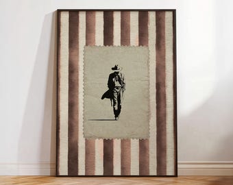 Arte de pared con sellos de vaquero del oeste, decoración vintage de rayas del lejano oeste, imprimible rústico marrón estético, ilustración de rodeo retro, impresión de rancho