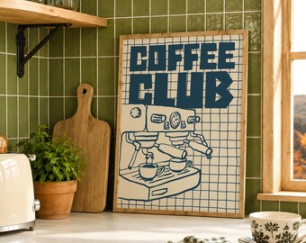 Lámina con cita sobre café, arte de pared con máquina de espresso, ilustración de café azul dibujada a mano, póster imprimible retro para la cocina, decoración para la habitación de un barista.