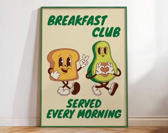Lámina decorativa de tostada de aguacate, arte imprimible colorido del Club del Desayuno, póster retro con cita sobre comida verde, ilustración divertida de mascotas para la cocina.