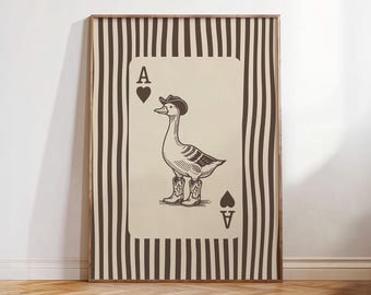 Estampado de ganso vaquero a rayas, póster retro de naipes del Oeste, decoración moderna de pato para habitación infantil, ilustración marrón estilo cottagecore, as de corazones