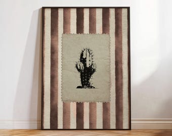 Arte mural de cactus con rayas marrones, sello botánico vintage imprimible, póster de rodeo retro del lejano oeste, decoración estética de habitación de vaqueros del suroeste