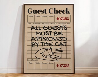Póster imprimible divertido para amantes de los gatos, impresión con cita moderna para el control de invitados, todos los invitados deben ser aprobados por el gato, idea de regalo de decoración retro para la habitación de un dueño de gato