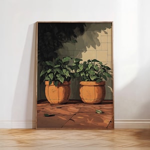 May include: Framed art print depicting two potted plants with vibrant green leaves. The plants are in orange-brown pots, set against a tiled wall. The artwork is on a wooden surface, with shadows and leaves adding depth.