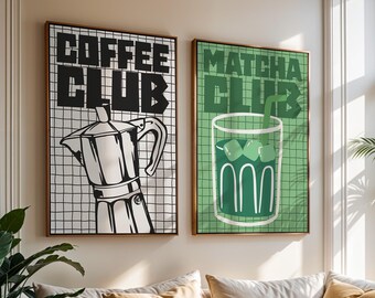 Juego de 2 láminas con frases para la cocina, arte de pared estilo club de café retro, póster de matcha latte dibujado a mano, regalo estético para baristas, decoración para la estación de café.