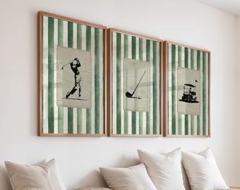 Set von 3 Vintage Golf Stempel Wandkunst, trendiges grün gestreiftes Golf Club Trio, Salbei Golf Wagen druckbares Poster, Retro Golf Schaukel Raumdekor