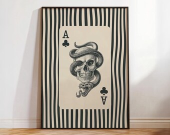Estampado gótico de calavera y serpiente, decoración moderna para sala de juegos de naipes, póster estético de as de corazones a rayas, arte mural retro de serpiente y esqueleto.