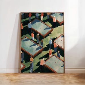 May include: A framed art print showing a stylized scene of people playing pool. The artwork features multiple pool tables with players in various poses, set against a green and brown background. The print is encased in a wooden frame.