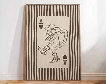Divertida lámina de gato vaquero, arte de pared con as de corazones a rayas, lámina imprimible de cartas de póker de moda, póster de gatito marrón del oeste, lámina retro del Gato con Botas