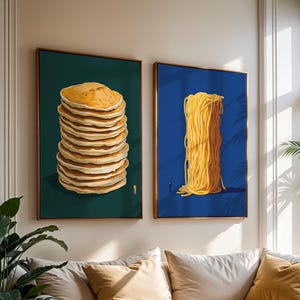 Abstract Kitchen Print Set of 2, Aesthetic Surreal Foodie Wall Art Bundle, Minimalist Spaghetti Dining Room Decor, Modern Pancake Printable
