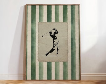 Arte mural con sellos de golf vintage, póster imprimible de rayas verdes de moda, decoración retro para habitación con swing de golf, idea de regalo estética para golfistas, impresión para la cueva del hombre