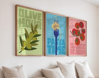 Juego de 3 láminas retro para cocina, arte de pared estético para la hora de la pasta, póster imprimible con cita moderna sobre tomates, decoración de habitación estilo cottage core con ramas de olivo