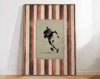 Arte mural con sellos de fútbol vintage, póster imprimible de rayas marrón oscuro, decoración retro para habitación de niños, idea de regalo estética para entrenador de equipo.