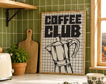 Lámina dibujada a mano para club de café, arte de pared con cita retro para la cocina, póster imprimible moderno para estación de café, decoración estética para habitación con cafetera moka a cuadros.