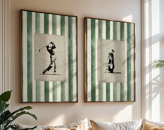 Juego de 2 láminas vintage de golf, decoración retro para la habitación de un amante del deporte, arte mural moderno con estampado de swing de golf a rayas, póster imprimible estético con bolsa de golf verde.