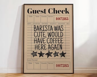Arte de pared con recibo de café, el barista era encantador, volvería a tomar café aquí, impresión de recibo de cafetería retro, cita imprimible de cocina moderna
