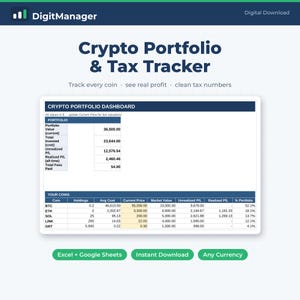 May include: A digital Crypto Portfolio & Tax Tracker spreadsheet template by DigitManager. The interface displays a dashboard with portfolio value, total invested, and unrealized profit. A table lists coins like BTC, ETH, SOL, LINK, and GRT.