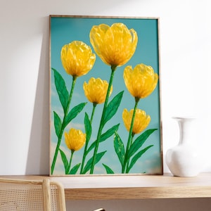 Gelbe Wachstulpen-Wand-Kunst-Druck - Papierblume Botanische Kunst, Frühlings-Sonnenschein-Blumenplakat, wunderliches Blüten-Dekor