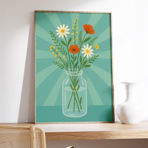 Wildblumenglas Wandkunst - florales Dekor, rustikale Atmosphäre, blaugrüner Hintergrund, Vintage-Stil, Bauernhaus-Charme, botanischer Akzent