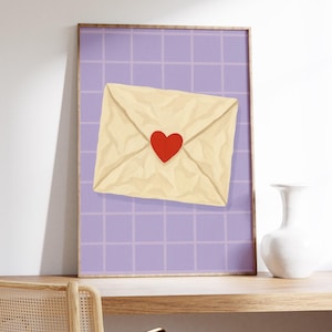 Love Letter Wall Art Print - Pastelltöne, Kawaii-Stil, romantisches Dekor, Herz-Siegel, gitterförmiger Hintergrund, Liebesnoten-Vibe, niedlicher Wandakzent