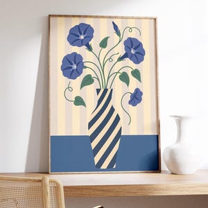 Morning Glory Flower Print: Striped Vase, Minimalist Botanical Wall Art