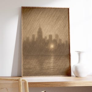 Regnerische Stadt Wand Kunst Druck - Sepia Skyline, stimmungsvolle Atmosphäre, glühendes Licht, stürmische Stimmung, weiche Skizze Textur, urbanes Abenddekor