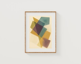 May include: Abstract art print in a wooden frame. The artwork features overlapping geometric shapes in shades of yellow, teal, and purple, with spiral patterns. The background is a light beige color. The framed art is displayed on a white wall.