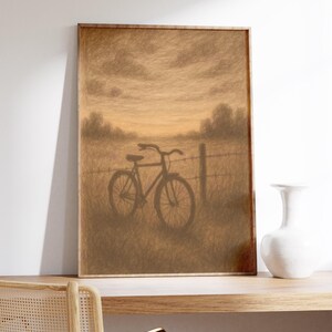 Kunstdruck - verlassenes Fahrrad – Sepiazeichnung, Bleistiftskizze, Feld, Sonnenuntergang, nostalgische Szene, Ruhe auf dem Land