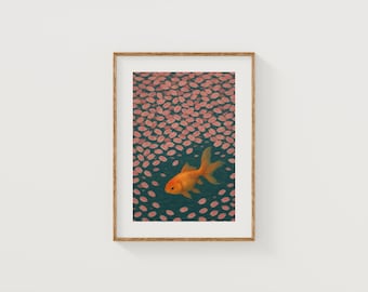 Goldfish Art Print: Cherry Blossom Pond, Japanese Decor