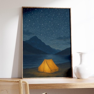 Starry Camping Wall Art Print – glühende Zeltnacht,Sternenhimmel Poster,ruhiger Bergsee,blaue Landschaft,ruhige Natur entfliehen