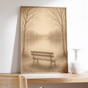 Lake Bench Wall Art Print – Sepiatöne, ruhige Landschaft, leere Bank, stilles Wasser, kahle Bäume, nachdenkliche Stimmung, weiche Bleistiftskizze