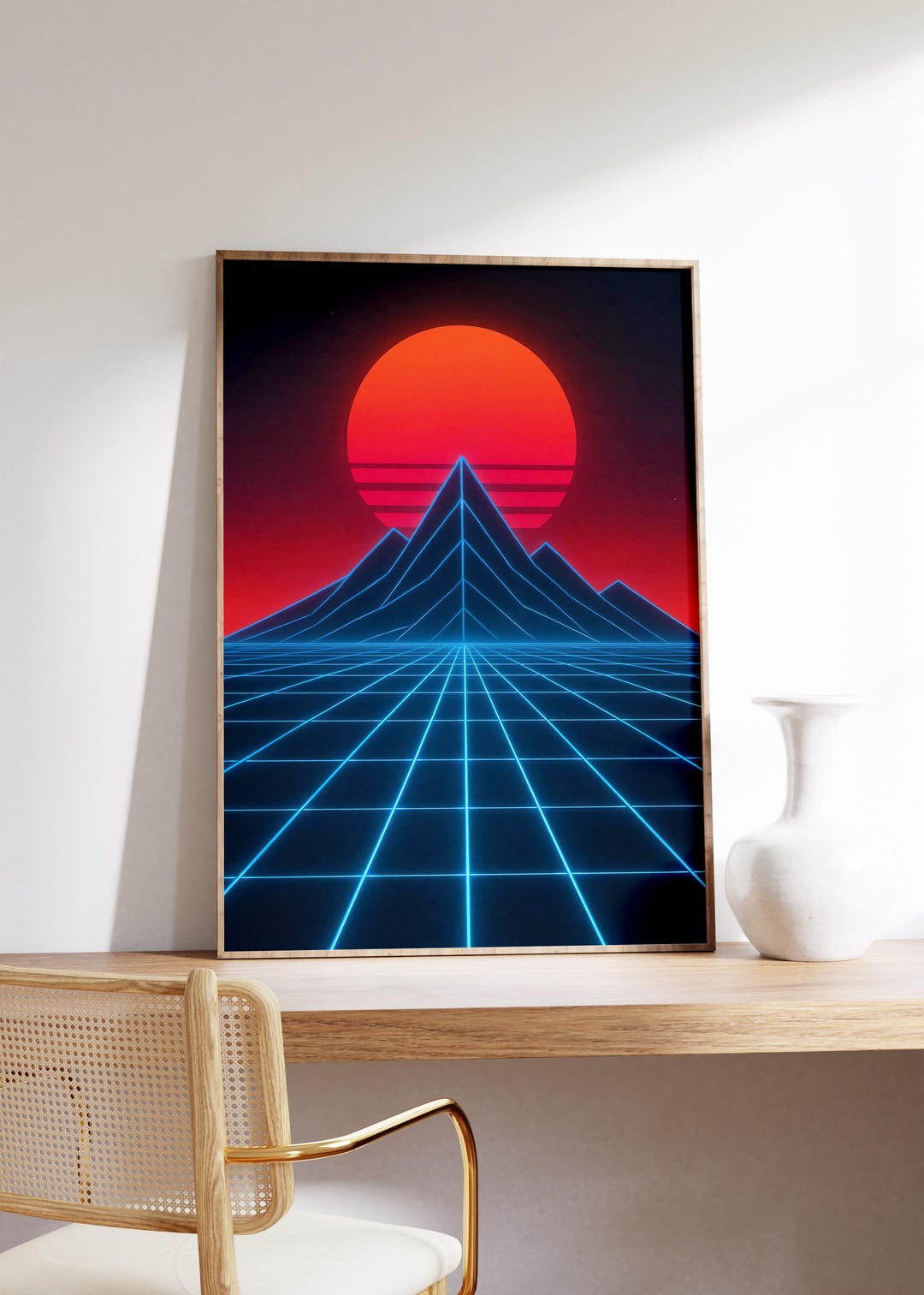 Synthwave Grid Sunset Wall Art Print – Retro Wave Landscape, Neon Red ...
