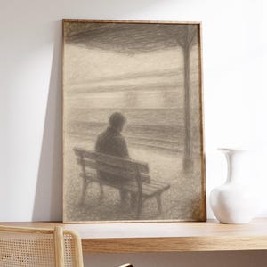 Einzelstück Zugstation Wandkunst Druck - Sepia Skizze, stimmungsvolle Szene, Bleistift Textur, Bewegungsunschärfe, ruhige Plattform, nachdenkliche Stimmung