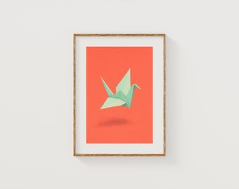 Origami Crane Art Print: Mint & Coral Japanese Minimalist Poster