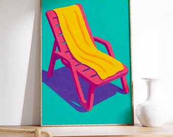 Retro Pool Chair Print: Pink Lounger, Yellow Towel, Summer Decor