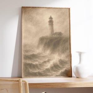 Leuchtturm Wand Kunstdruck – sepiafarbener Sturm, stimmungsvoller Ozean, neblige Wellen, Vintage Küste, maritime Szene, ruhige Seelandschaft