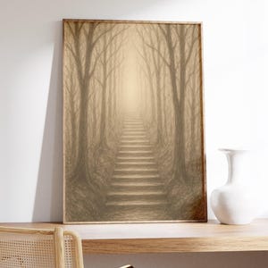 Art Print Foggy Forest Staircase Wall Art Print – Skizze in Sepia, nebliger Wald, unheimliche Bäume, surrealer Weg, ruhige Stimmung, Naturszene