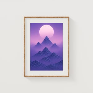 May include: Framed art print depicting a mountain landscape in shades of purple and blue. A large, pale pink sun is in the sky above the peaks. The mountains have a geometric grid pattern. The frame is made of light brown wood.