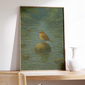 Vogel Wand Kunst Druck - Kleiner brauner Vogel auf Fluss Felsen, Friedliche Bach Szene, Gelassene Natur Moment, ruhige Minimal Dekoration, Waldwasser Poster
