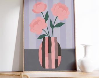 Peony Vase Art Print: Mid-Century Floral Still Life